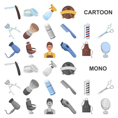 Set koleksiyonu tasarım için berber dükkanı ve ekipman karikatür simgeler. Saç kesimi ve tıraş sembol stok web illüstrasyon vektör.