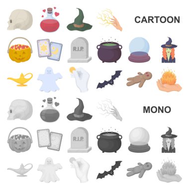 çizgi film ve white magic set koleksiyonu tasarım için simgeleri karikatür. Sembol stok web illüstrasyon vektör öznitelikleri ve büyücü aksesuarları.