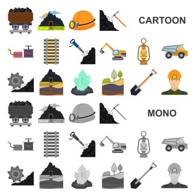 Madencilik Sanayi karikatür simgeleri set koleksiyonu tasarım için. Cihazlar ve sembol stok web illüstrasyon vektör.