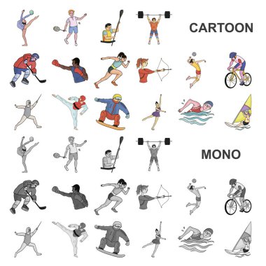 Spor çeşitleri set koleksiyonu tasarım için simgeleri karikatür. Atlet, yarışmalar sembol stok web illüstrasyon vektör.