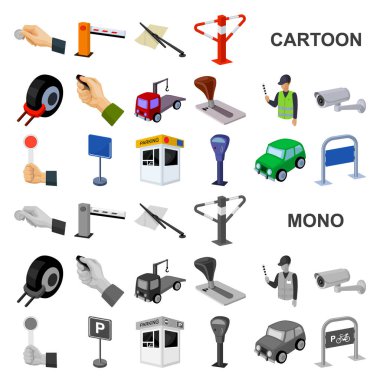 Set koleksiyonu tasarım için araba karikatür simgeleri için park yeri. Ekipman ve hizmet vektör simgesi web illüstrasyon stok.