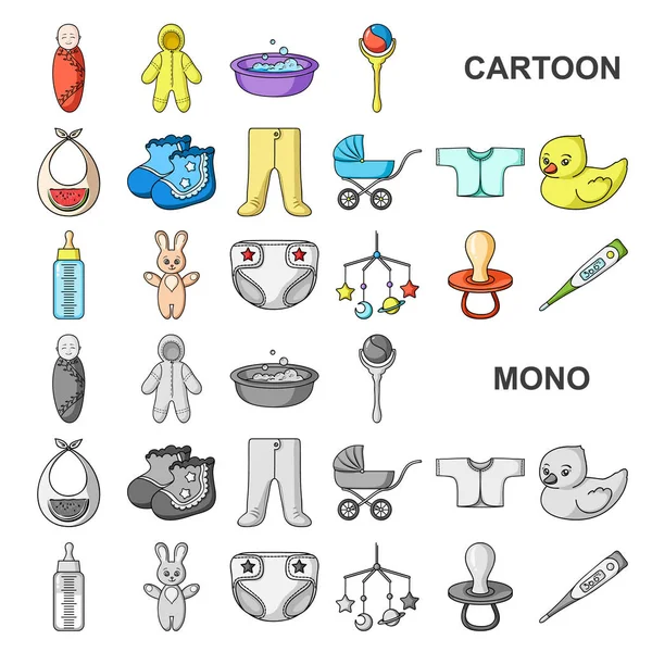 Geboorte van een baby cartoon pictogrammen in set collectie voor design. Pasgeboren en accessoires vector symbool voorraad web illustratie. — Stockvector