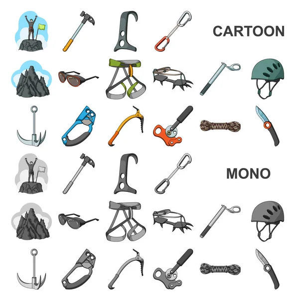 Bergsteigen und Klettern Cartoon-Ikonen in Set-Kollektion für Design. Ausrüstung und Zubehör Vektor Symbol Stock Web Illustration. — Stockvektor