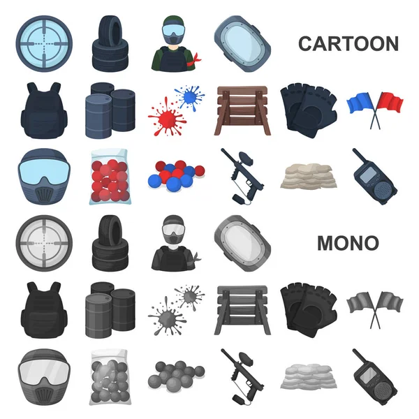 Paintball, iconos de dibujos animados juego de equipo en la colección de conjuntos para el diseño. Equipo y equipo vector símbolo stock web ilustración . — Vector de stock