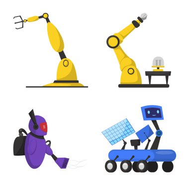 Robot ve fabrika simgesi yalıtılmış nesne. Robot ve uzay hisse senedi vektör çizim topluluğu.