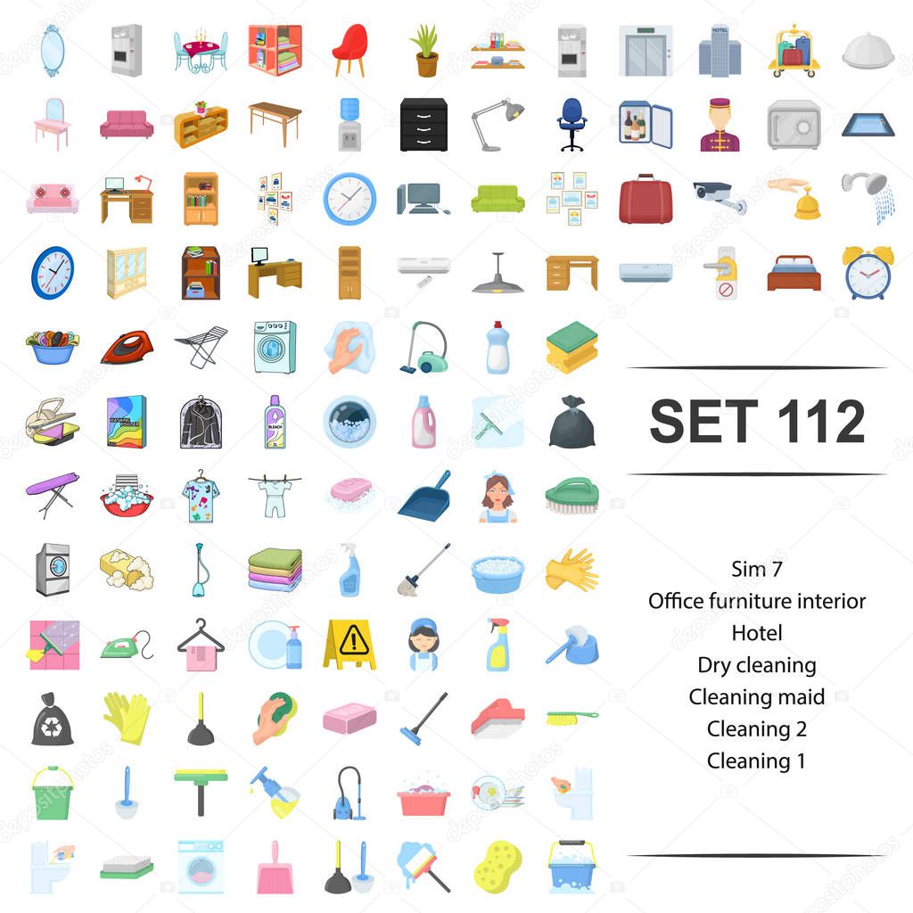 Vector illustration of office,furniture,interior,hotel,dry cleaning maid icon set.