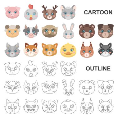 Ağızlıklar hayvanların set koleksiyonu tasarım için simgeleri karikatür. Yerli ve vahşi hayvanlar sembol stok web illüstrasyon vektör.