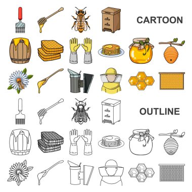 Set koleksiyonu tasarım için arı kovanı ve arıcılık karikatür simgeler. Ekipman ve bal üretim sembol stok web illüstrasyon vektör.