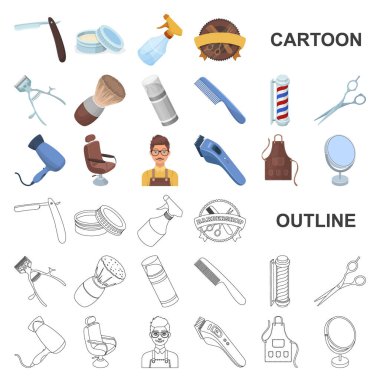 Set koleksiyonu tasarım için berber dükkanı ve ekipman karikatür simgeler. Saç kesimi ve tıraş sembol stok web illüstrasyon vektör.