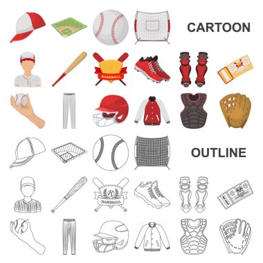 Beyzbol ve öznitelikleri set koleksiyonu tasarım için simgeleri karikatür. Sembol stok web illüstrasyon vektör beyzbol oyuncusu ve ekipman.