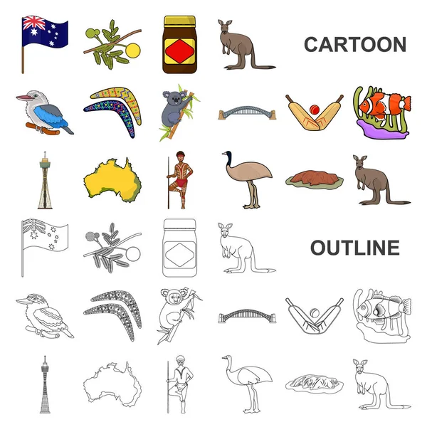 Χώρα Αυστραλία κινουμένων σχεδίων εικονίδια στη συλλογή σετ για σχεδιασμό. Ταξίδια και Αξιοθέατα σύμβολο μετοχής web εικονογράφηση διάνυσμα. — Διανυσματικό Αρχείο