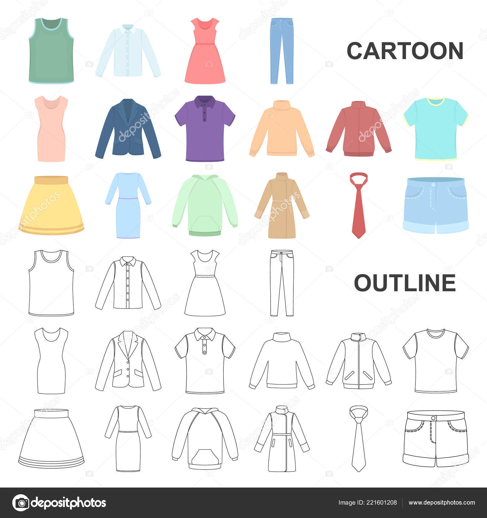 Diferentes tipos de iconos de dibujos animados de ropa en la colección de  conjuntos para el diseño. Ropa y estilo vector símbolo stock web  ilustración . vector, gráfico vectorial © PandaVector imagen #221601208