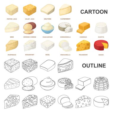 Farklı tür bir peynir karikatür simgeleri design.Milk ürün peynir vektör simge stok web çizim için küme toplama.