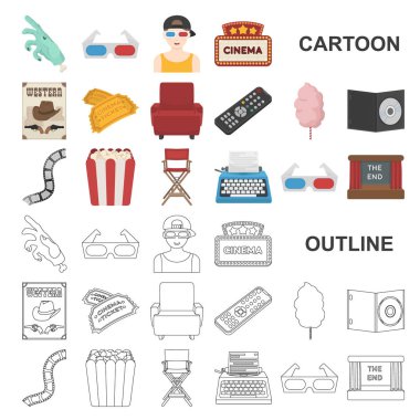 Filmler ve sinema çizgi film simgesi set koleksiyonu tasarım için. Film ve öznitelikleri sembol stok web illüstrasyon vektör.