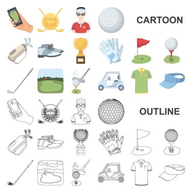 Golf ve öznitelikleri set koleksiyonu tasarım için simgeleri karikatür. Golf Kulübü ve ekipman sembol stok web illüstrasyon vektör.