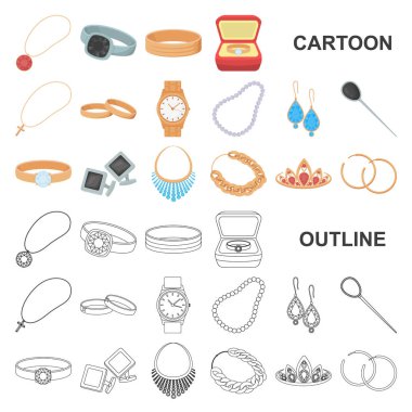 Takı ve Aksesuar set koleksiyonu tasarım için simgeleri karikatür. Dekorasyon vektör simge stok web çizimi.