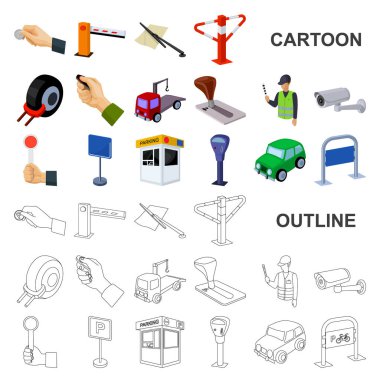 Set koleksiyonu tasarım için araba karikatür simgeleri için park yeri. Ekipman ve hizmet vektör simgesi web illüstrasyon stok.
