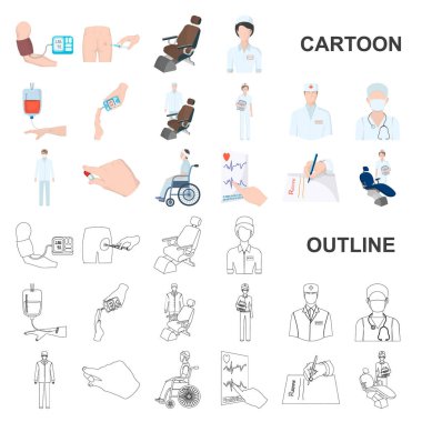 Set koleksiyonu tasarım için ilaç ve tedavi karikatür simgeler. Hastane ve ekipman sembol stok web illüstrasyon vektör.
