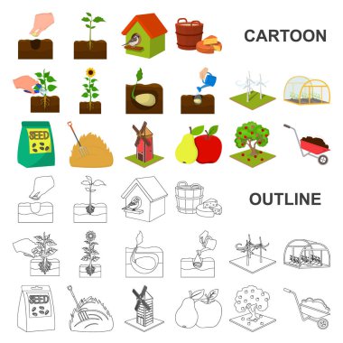 Set koleksiyonu tasarım için çiftlik ve tarım karikatür simgeler. Bahçe ve bitki izometrik vektör simge stok web çizim.