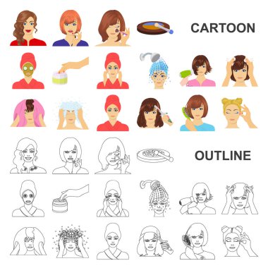 Saç Bakımı ve set koleksiyonu tasarım için karikatür simgeleri bak. Makyaj ve parfüm sembol stok web illüstrasyon vektör.