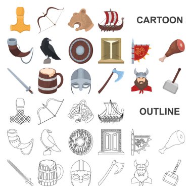 Vikingler ve öznitelikleri set koleksiyonu tasarım için simgeleri karikatür. Eski İskandinav savaşçı vektör simge stok web çizimi.