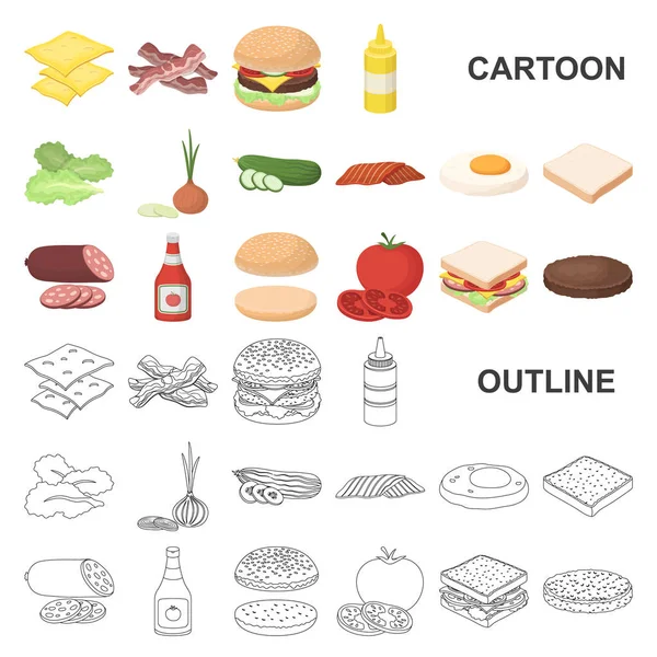 Burger und Zutaten Cartoon-Ikonen in Set-Kollektion für Design. Burger Kochen Vektor Symbol Lager Web-Illustration. — Stockvektor