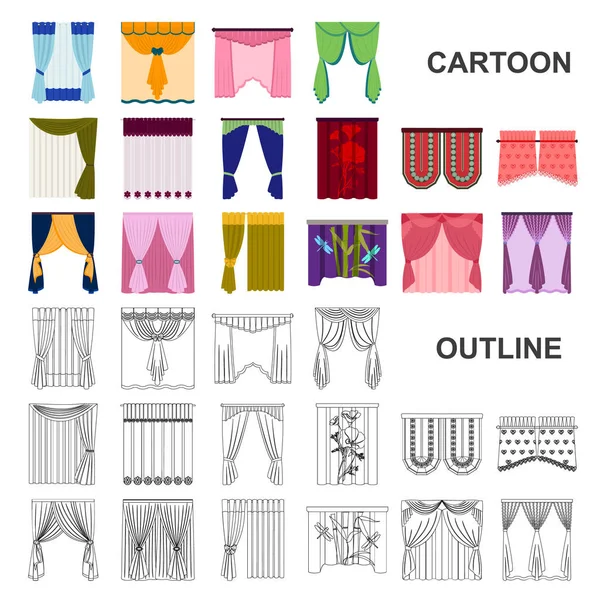 Olika typer av gardiner tecknad ikoner i set samling för design. Gardiner och lambrequiner vektor symbol lager web illustration. — Stock vektor