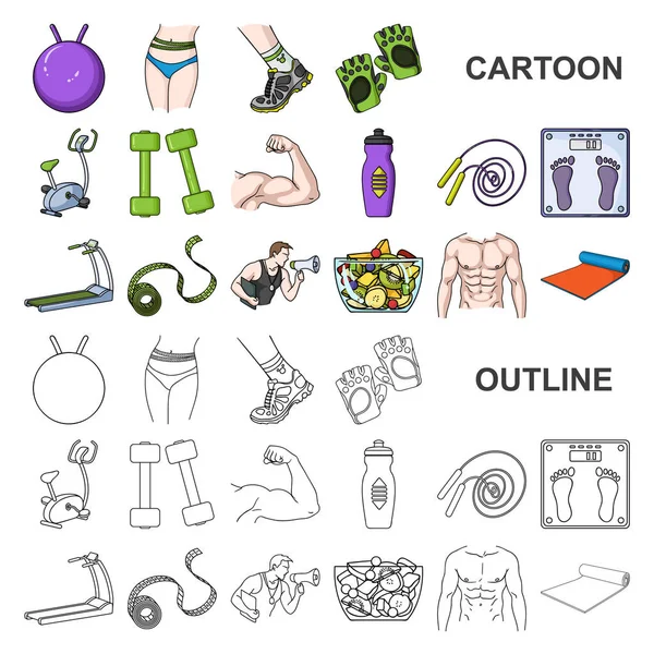 Aptitud y atributos iconos de dibujos animados en la colección de conjuntos para el diseño. Equipo de fitness vector símbolo stock web ilustración . — Archivo Imágenes Vectoriales