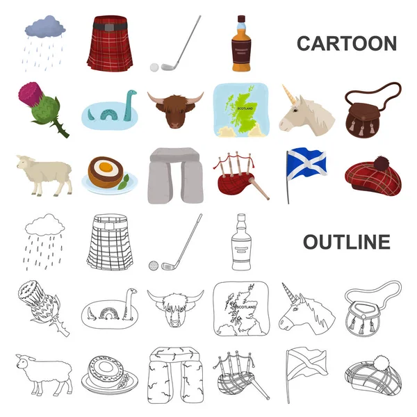 Country Scotland icônes de dessin animé dans la collection de set pour le design. Visites, culture et tradition symbole vectoriel stock illustration web . — Image vectorielle