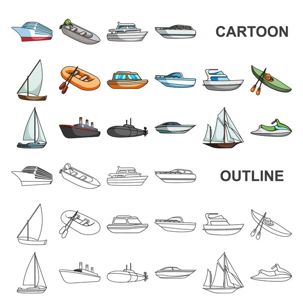 Ícones de desenhos animados de transporte de água e mar na coleção de conjuntos para design. Uma variedade de barcos e navios símbolo vetorial ilustração web . —  Vetores de Stock