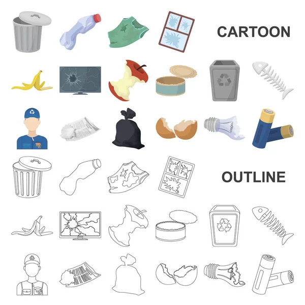 Lixo e resíduos de ícones de desenhos animados em coleção de conjuntos para design. Limpar lixo vetor símbolo web ilustração . —  Vetores de Stock