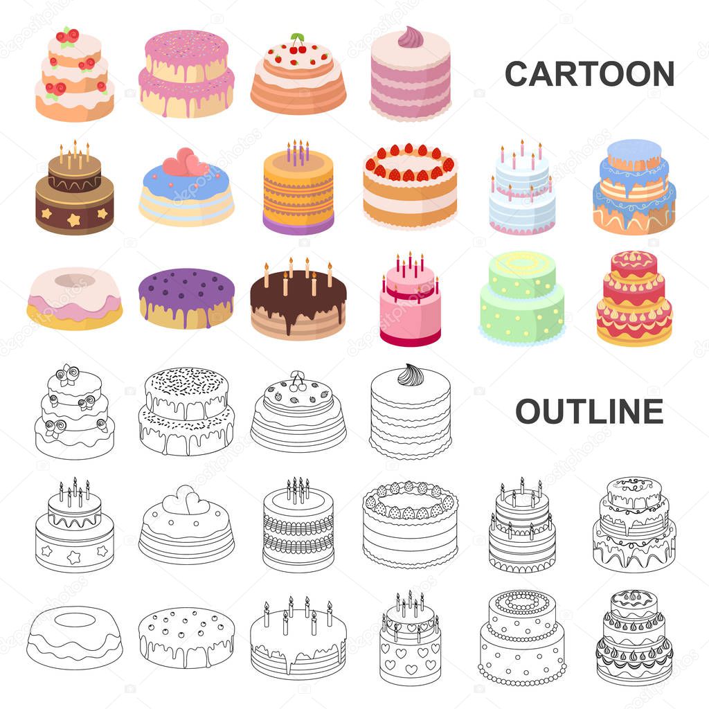 Cake and dessert cartoon icons in set collection for design. Holiday cake vector symbol stock web illustration.