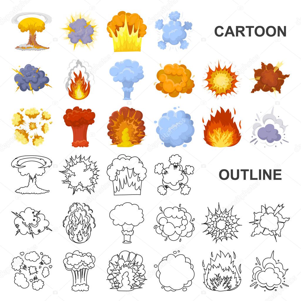 Different explosions cartoon icons in set collection for design.Flash and flame vector symbol stock  illustration.