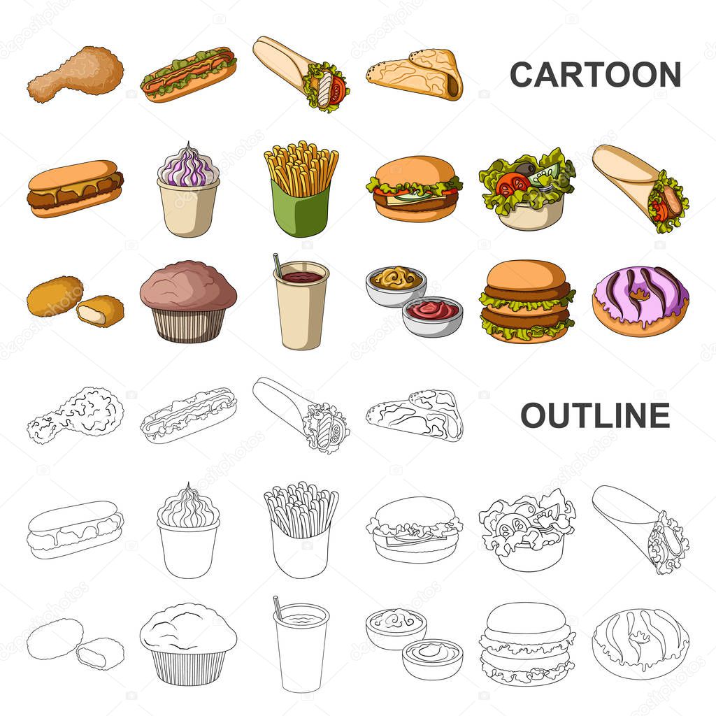 Fast food cartoon icons in set collection for design.Food from semi-finished products vector symbol stock  illustration.