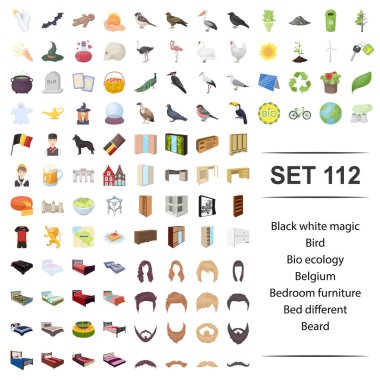 Siyah, beyaz, sihir, kuş, biyo, ekoloji Belçika yatak odası mobilya yatak farklı sakal Icon set vektör çizim.