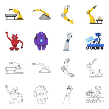 Robot ve fabrika logosu yalıtılmış nesne. Robot ve uzay hisse senedi vektör çizim seti.
