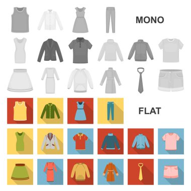 Giysileri farklı türde set koleksiyonu tasarım için simgeleri düz. Giyim ve stil sembol stok web illüstrasyon vektör.
