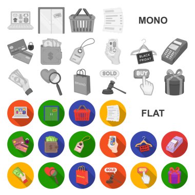 E-ticaret, satın alma ve satış set koleksiyonu tasarım için simgeleri düz. Ticaret ve Finans sembol stok web illüstrasyon vektör.