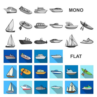 Su ve deniz taşıma düz simgeler set koleksiyonu tasarım için. Tekneler ve gemiler çeşitli sembol stok web illüstrasyon vektör.