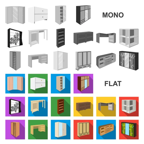 Móveis de quarto ícones planos em coleção de conjuntos para design. Mobília de madeira moderna símbolo vetorial isométrico ilustração web estoque . — Vetor de Stock