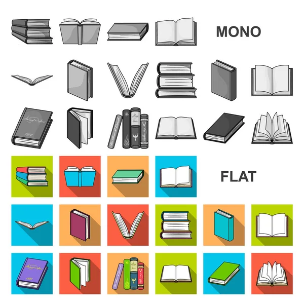 Książki w ikony płaskie wiązania w kolekcja zestaw do projektowania. Symbol web czas ilustracja wektorowa produktów poligraficznych. — Wektor stockowy