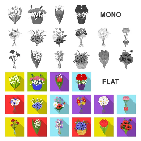 A bouquet of fresh flowers flat icons in set collection for design. Various bouquets vector symbol stock web illustration.