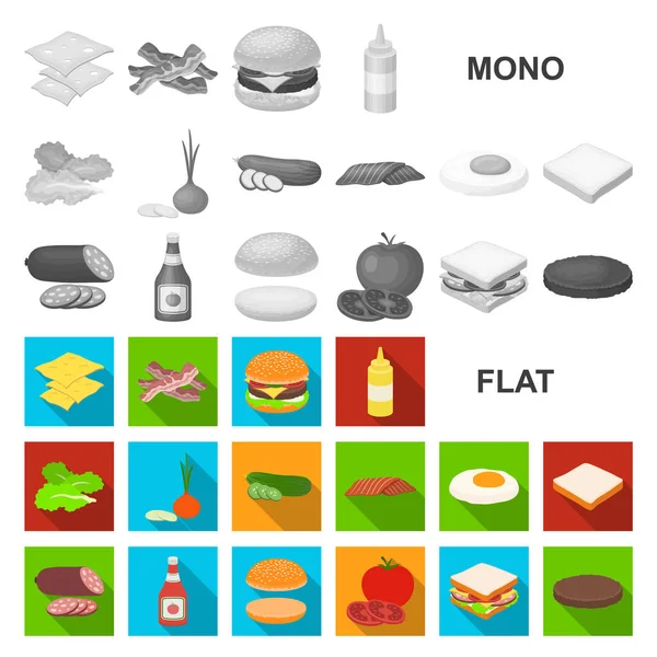 Burger und Zutaten flache Symbole in Set-Kollektion für Design. Burger Kochen Vektor Symbol Lager Web-Illustration. — Stockvektor