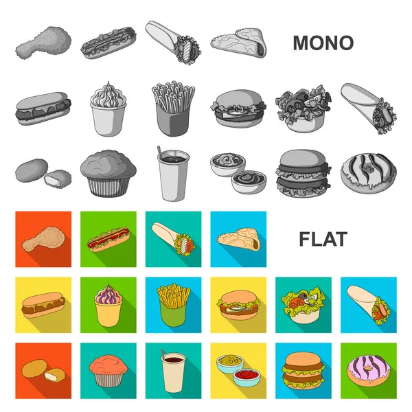 Fast-food planos ícones na coleção definida para o projeto. Comida de produtos semi-acabados vector ilustração web estoque de símbolo. —  Vetores de Stock