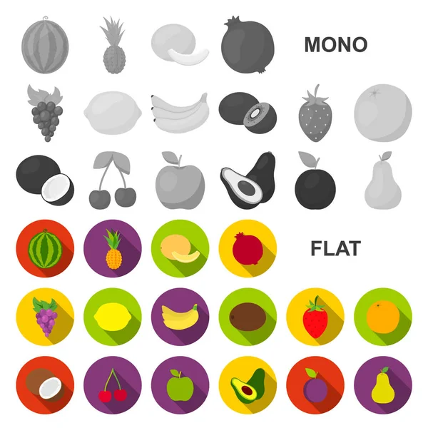 Diferentes frutas iconos planos en la colección de conjuntos para el diseño. Frutas y vitaminas vector símbolo stock web ilustración . — Vector de stock