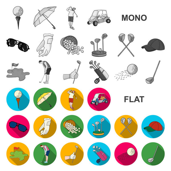 Golf and attributes flat icons in set collection for design.Golf Club and equipment vector symbol stock web illustration.