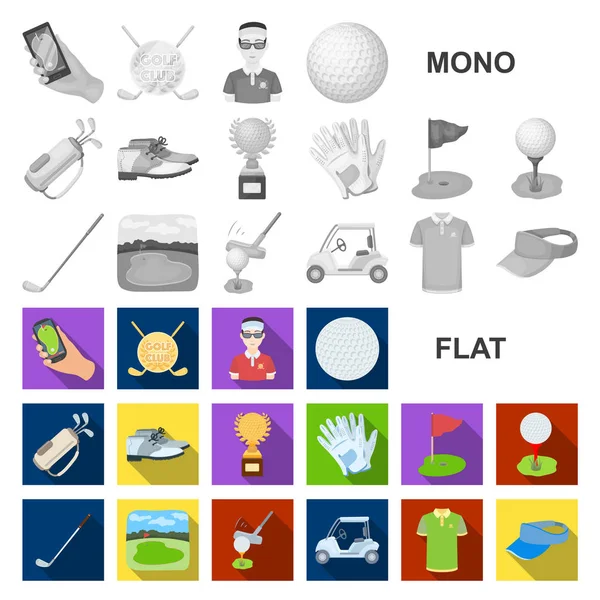 Golf et attributs des icônes plates dans la collection ensemble pour design.Golf Club et l'équipement vectoriel symbole illustration web stock . — Image vectorielle
