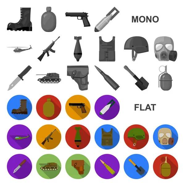 Exército e armamentos ícones planos em coleção de conjuntos para design. Ilustração da web de estoque de símbolos vetoriais de armas e equipamentos . — Vetor de Stock