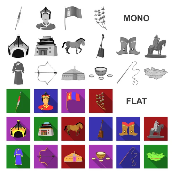 Land Mongolië plat pictogrammen in set collectie voor design. Grondgebied en mijlpaal symbool voorraad web vectorillustratie. — Stockvector