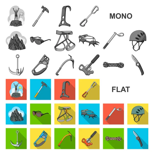 Montanhismo e escalada ícones planos em coleção de conjuntos para design. Equipamento e acessórios símbolo vetorial ilustração web stock . — Vetor de Stock